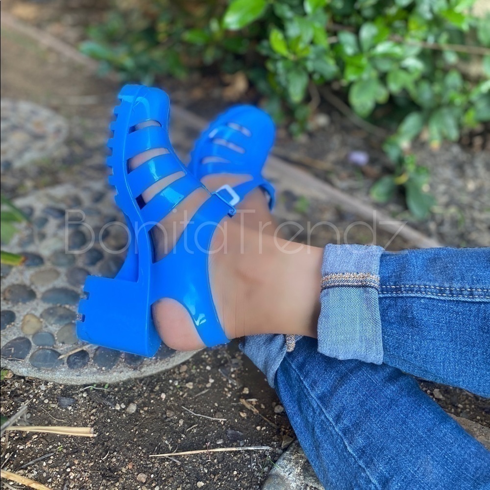 Blue Retro PVC GLADIATOR JELLY Chunky Heel Sandal